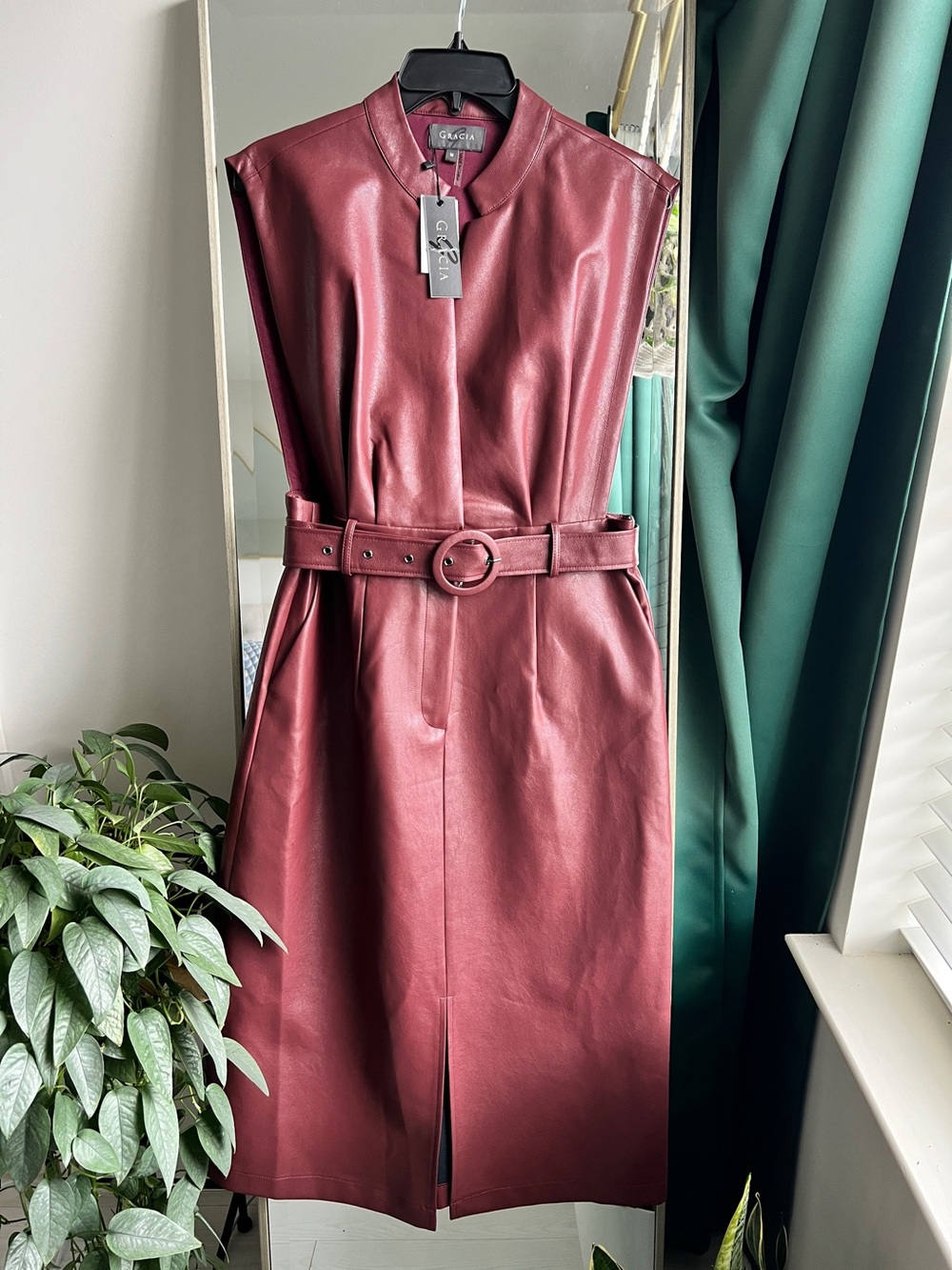 Gracia Burgundy Faux Leather Sleeveless Midi Dress, Size M, NWT